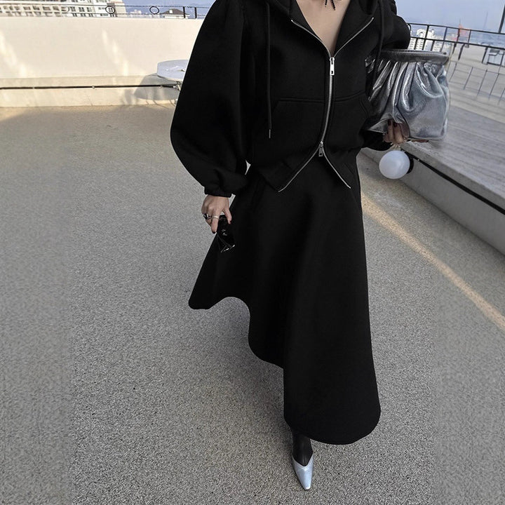 Damen Elegantes Sweatset aus Scuba‑Jersey mit Ballonärmeln und ausgestelltem Midirock Drune