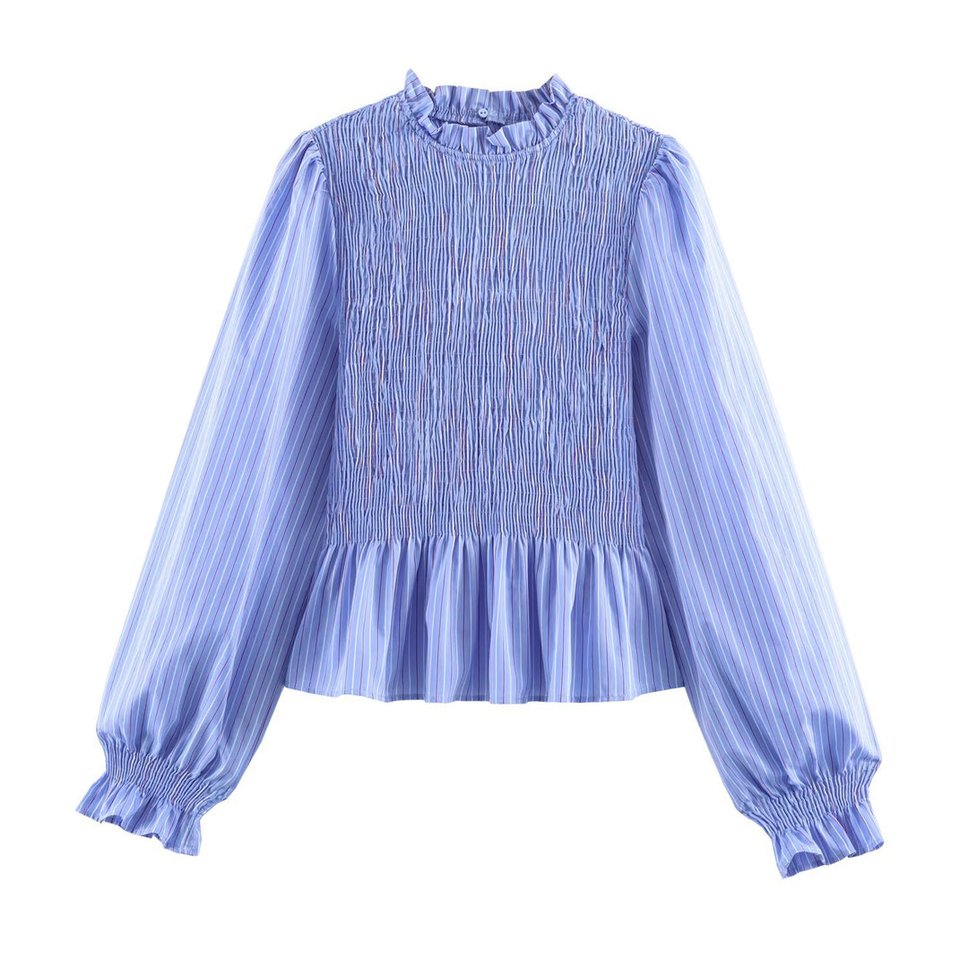 Damen Bluse mit Smok-Detail, Rüschenkragen und Volumenärmeln Drune