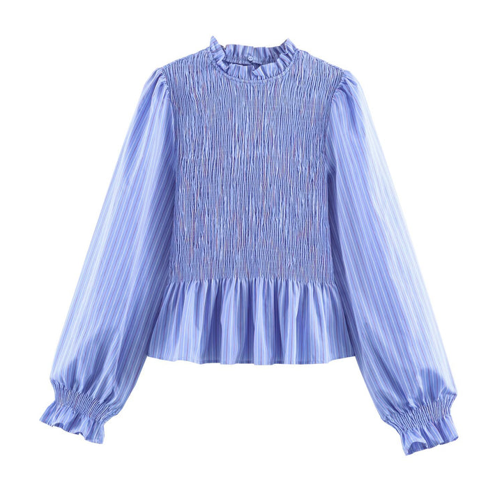 Damen Bluse mit Smok-Detail, Rüschenkragen und Volumenärmeln Drune