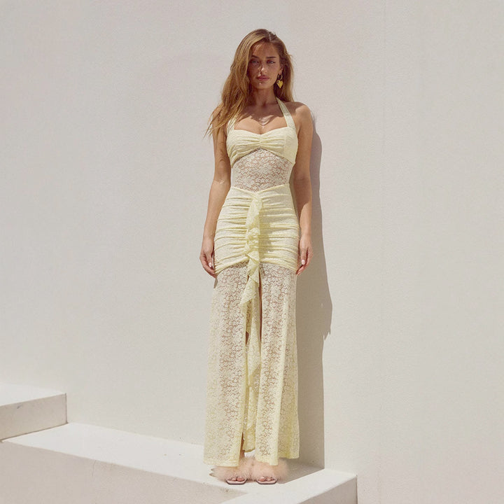 Damen Raffiniertes Maxikleid mit Spitzenakzenten und tiefem Schlitz Drune