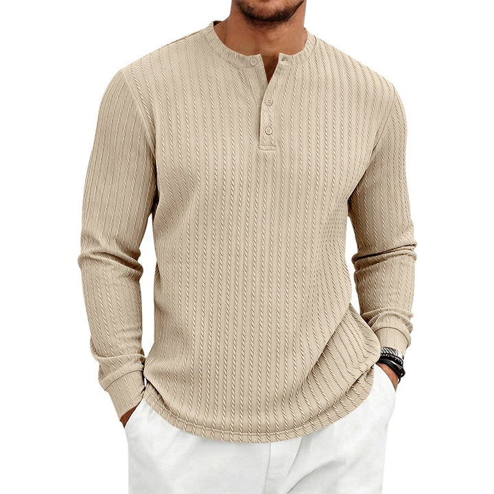 Herren Langarm-Henley-Shirt aus geripptem Baumwoll-Mix mit Knopfleiste Drune