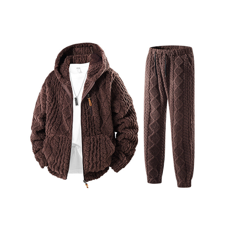 Herren Kuscheliges Sherpa-Fleece Set mit Kapuzenjacke und Strick‑Optik Jogginghose Drune