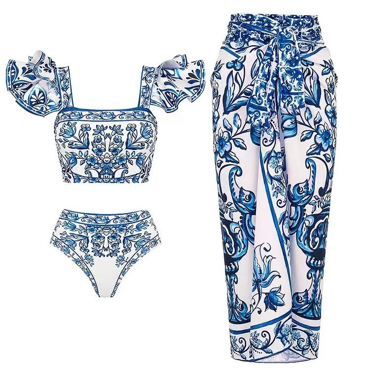 Damen Bikini-Set mit verspieltem Puffärmel und elegantem Wickelrock Drune