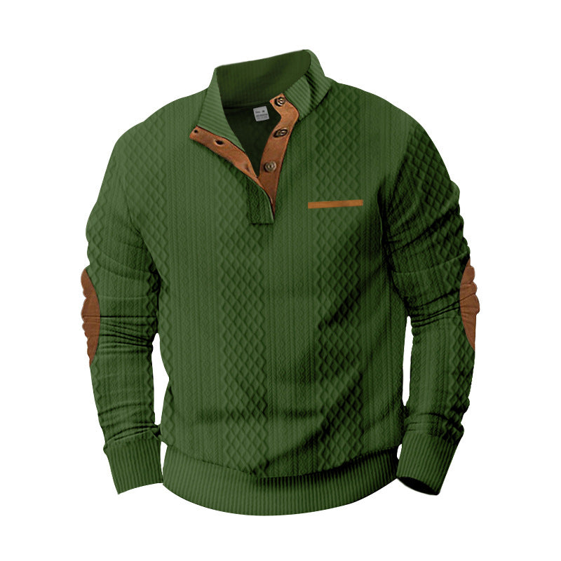 Herren nan strukturierter Strickpullover mit Stehkragen, Knopfleiste und Ellenbogenpatches Drune