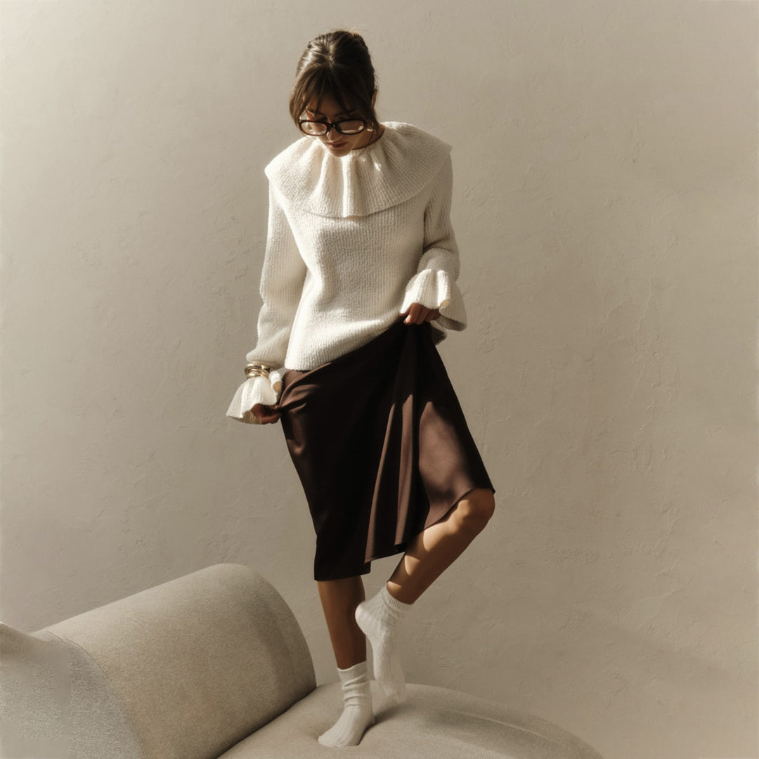 Damen Pullover mit weitem Rollkragen und Volantärmeln Drune