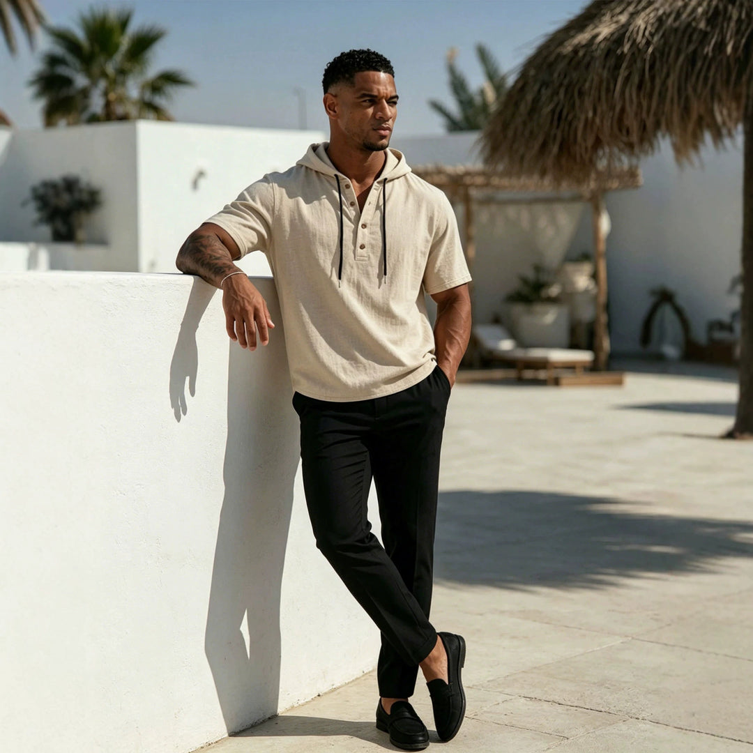 Herren Kurzarm-Hoodie-Henley aus Leinenoptik mit Knopfleiste Drune