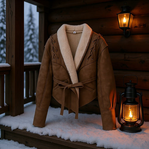 Damen Kurzjacke im Aviator‑Look mit Sherpa‑Futter, Bindegürtel und Schulter‑Schnürung Drune