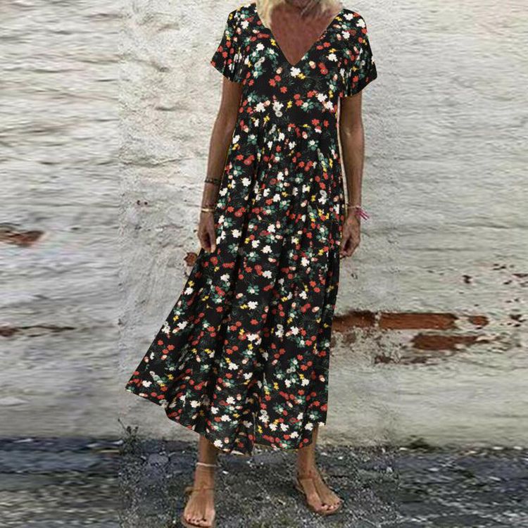 Damen nan V-Ausschnitt-Maxikleid mit feinem Faltenrock, Empire-Passe und Kurzarm Drune