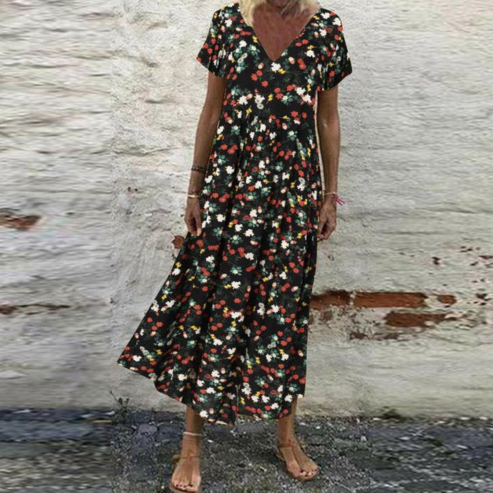 Damen nan V-Ausschnitt-Maxikleid mit feinem Faltenrock, Empire-Passe und Kurzarm Drune