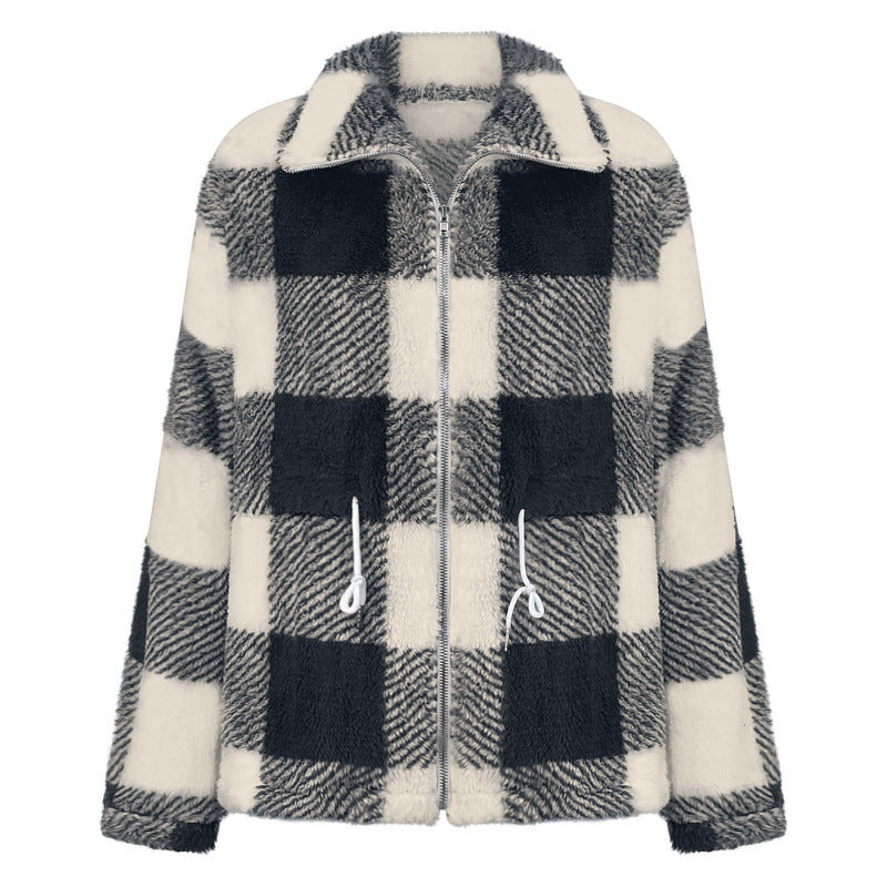 Damen kuschelige Oversize-Jacke mit kariertem Muster Drune