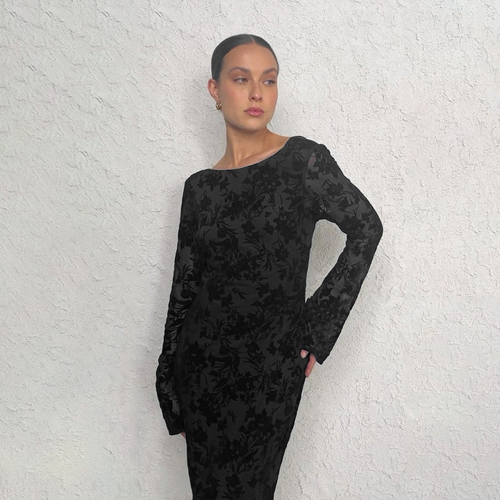 Damen Elegantes Maxikleid mit floralem Strukturdesign und langen Ärmeln Drune
