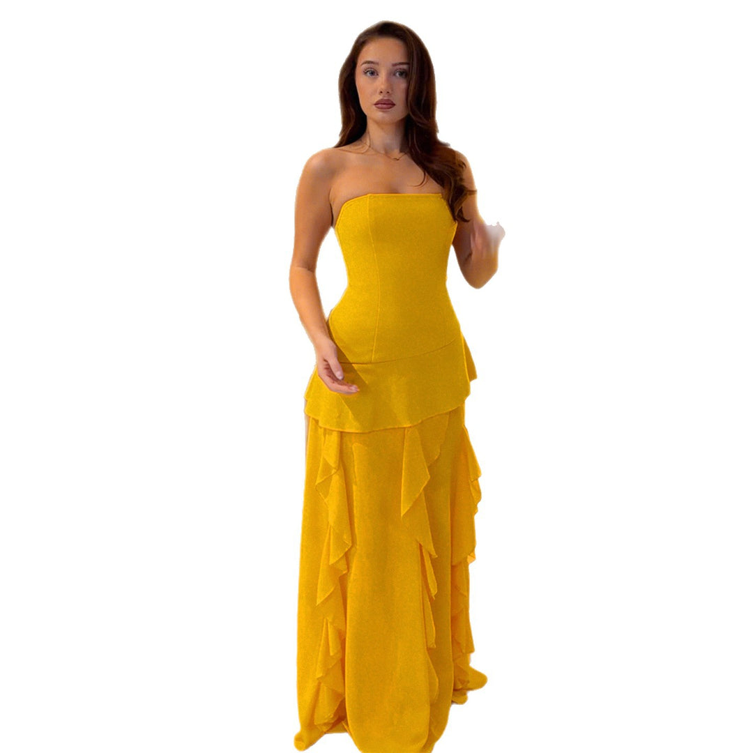 Damen elegantes Maxikleid mit Rüschendetails und figurbetonter Silhouette Drune