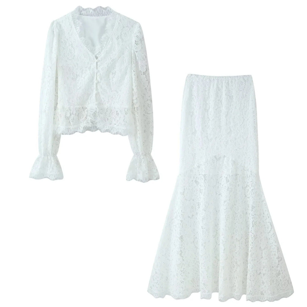 Damen 20+ zweiteiliges Spitzen‑Set: taillierte Bluse mit Volantärmeln und ausgestelltem Mermaid‑Midirock Drune