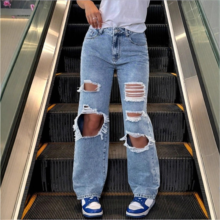Damen High‑Waist Baggy-Jeans mit großflächigen Knie-Rips und geradem Bein Drune