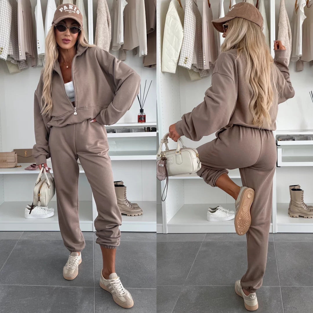 Damen kuscheliger Freizeit-Jogginganzug mit halbem Reißverschluss, Kängurutasche und elastischen Bündchen Drune