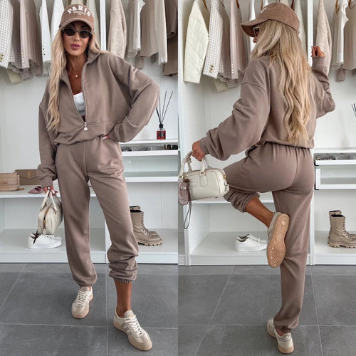 Damen kuscheliger Freizeit-Jogginganzug mit halbem Reißverschluss, Kängurutasche und elastischen Bündchen Drune