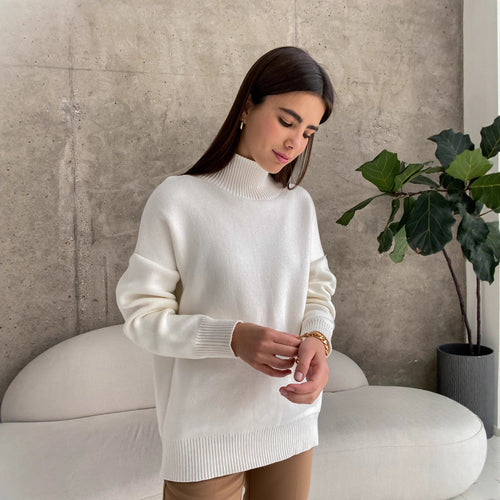 Damen eleganter Strickpullover mit hohem Kragen Drune
