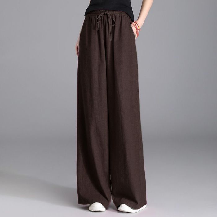 Damen nan weite Palazzo Leinenhose mit elastischem Kordelbund und Seitentaschen Drune