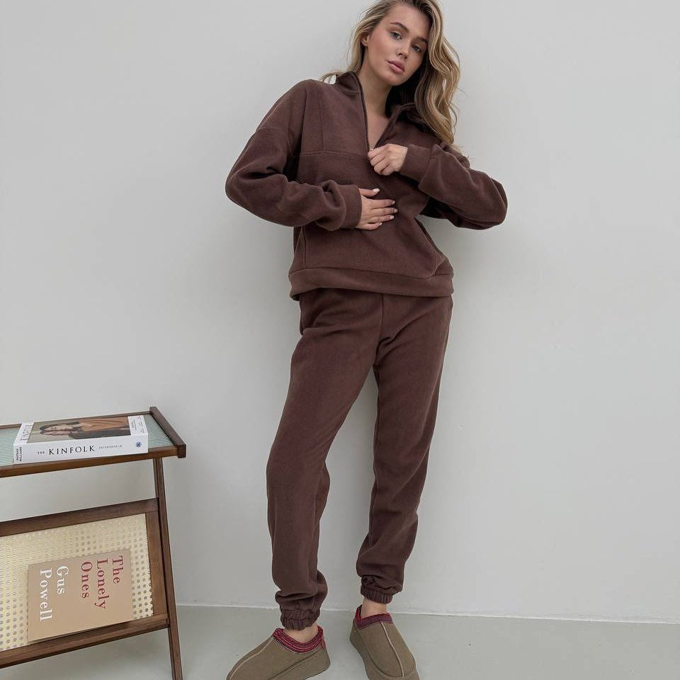 Damen Kuscheliges Fleece-Loungewear-Set mit halbem Reißverschluss und elastischer Jogginghose Drune