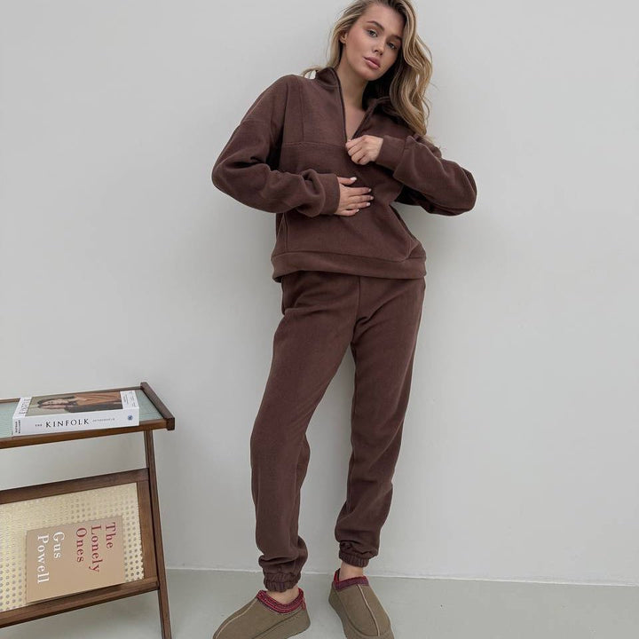 Damen Kuscheliges Fleece-Loungewear-Set mit halbem Reißverschluss und elastischer Jogginghose Drune
