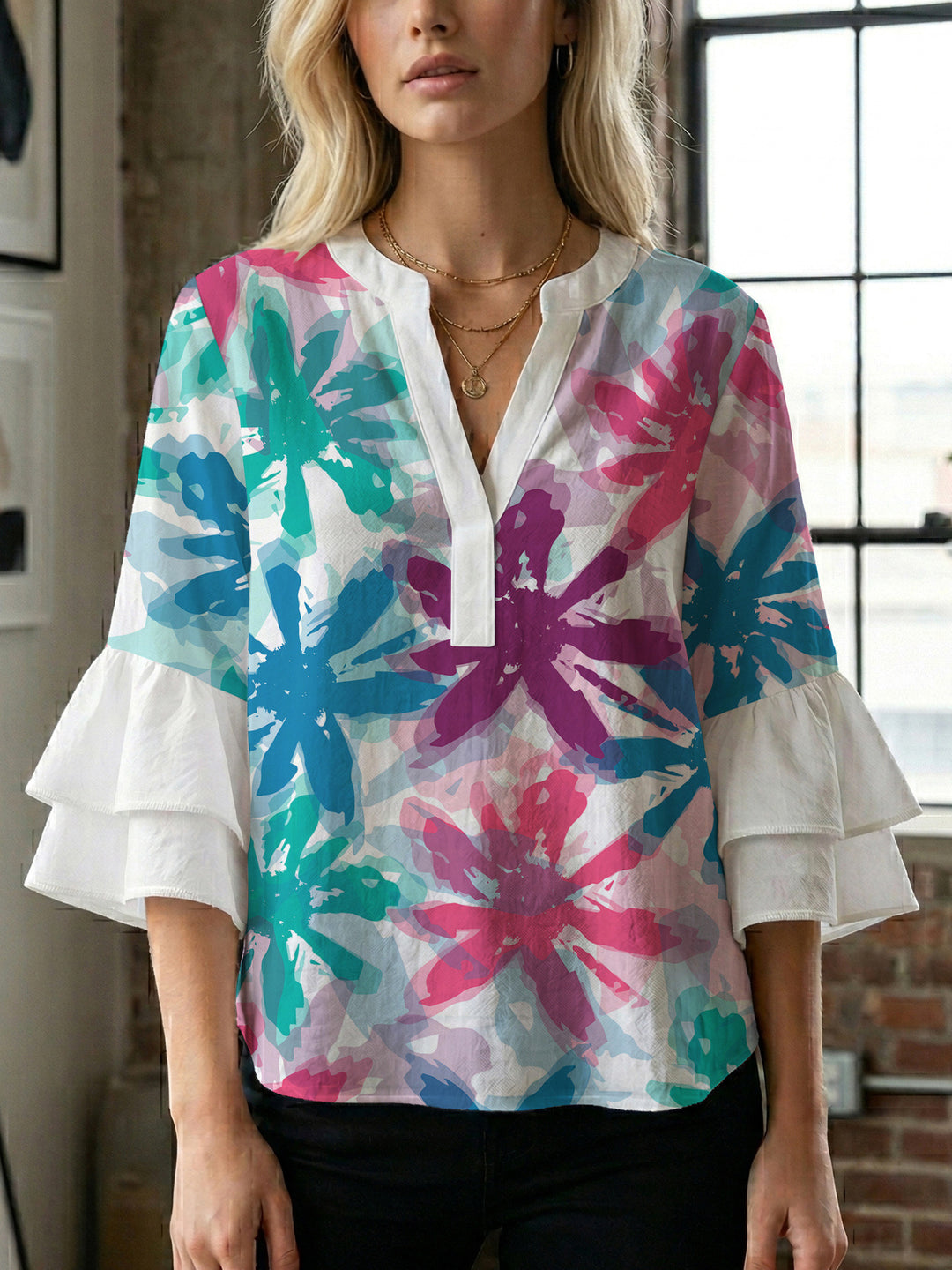 Damen Bluse mit voluminösen Ärmeln und floralem Design Drune