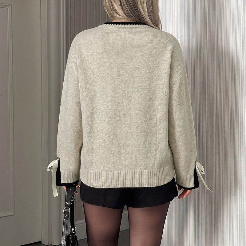 Damen Oversize-Feinstrickpullover mit kontrastgerippter Passe und Schleifen-Details Drune