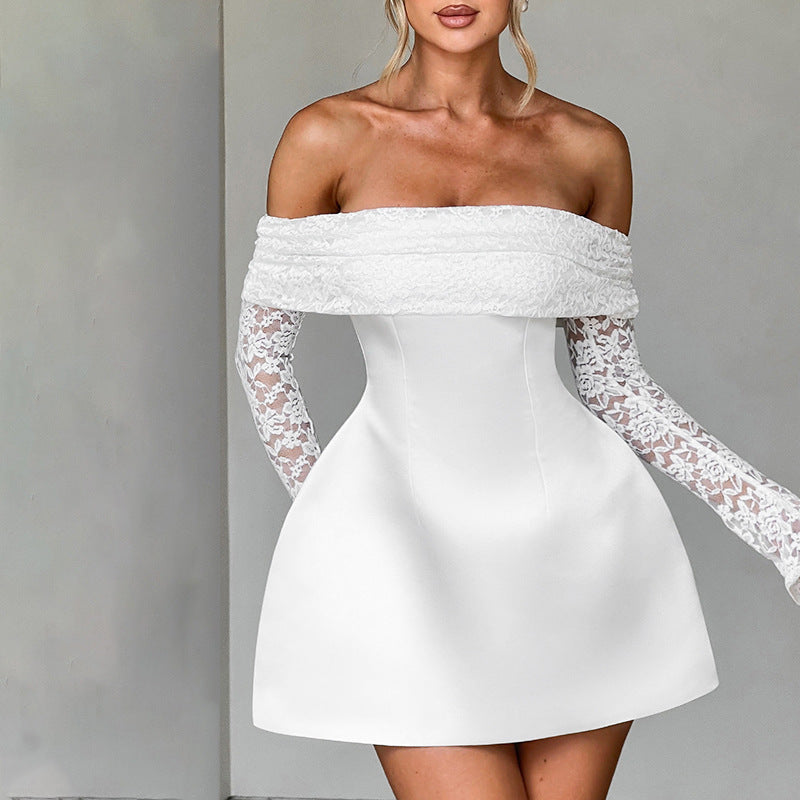 Damen verspieltes Minikleid mit schulterfreiem Design und eleganten Spitzenärmeln Drune