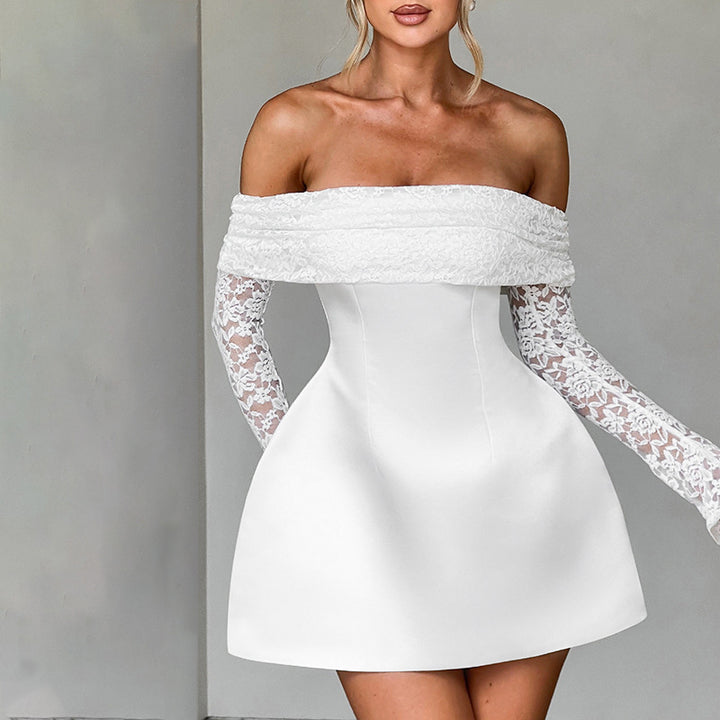 Damen verspieltes Minikleid mit schulterfreiem Design und eleganten Spitzenärmeln Drune