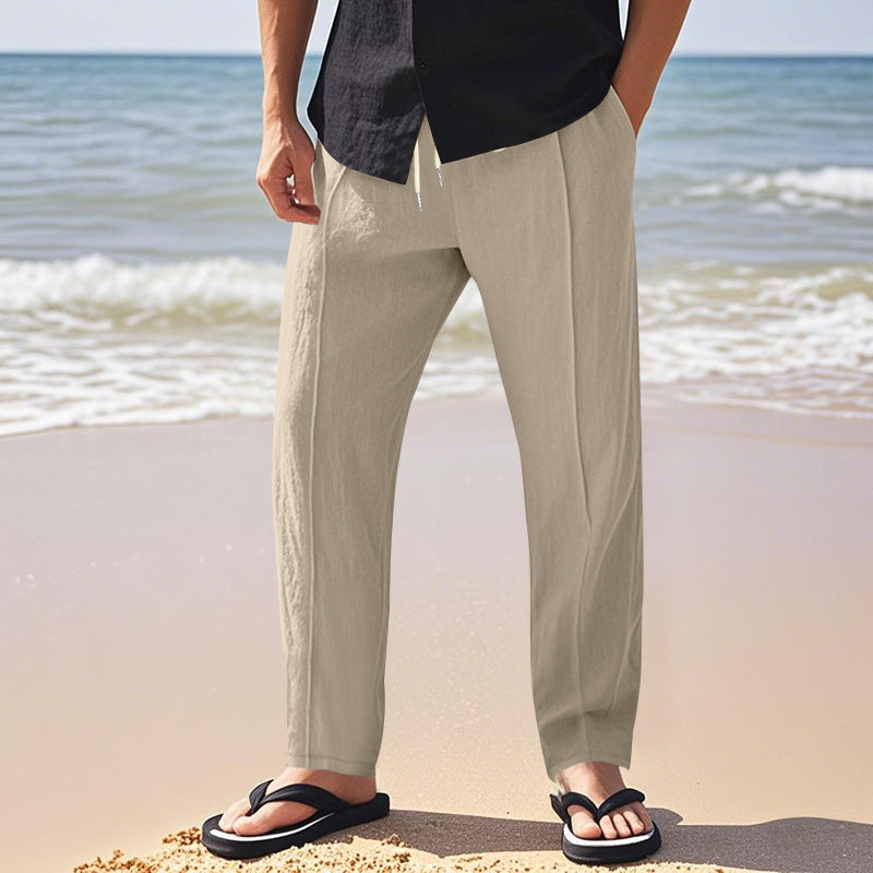 Herren nan relaxed-fit Sommer-Leinenhose mit Bügelfalte elastischem Tunnelzug und Seitentaschen Drune