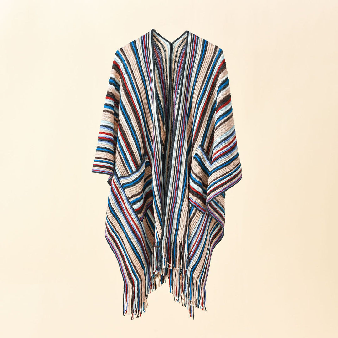 Damen Gestreifter Strickponcho mit Fransen und Eingrifftaschen Drune