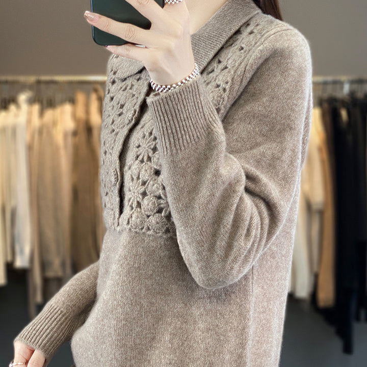 Damen Strickpullover mit gehäkelter Ajour‑Blende und Polokragen Drune