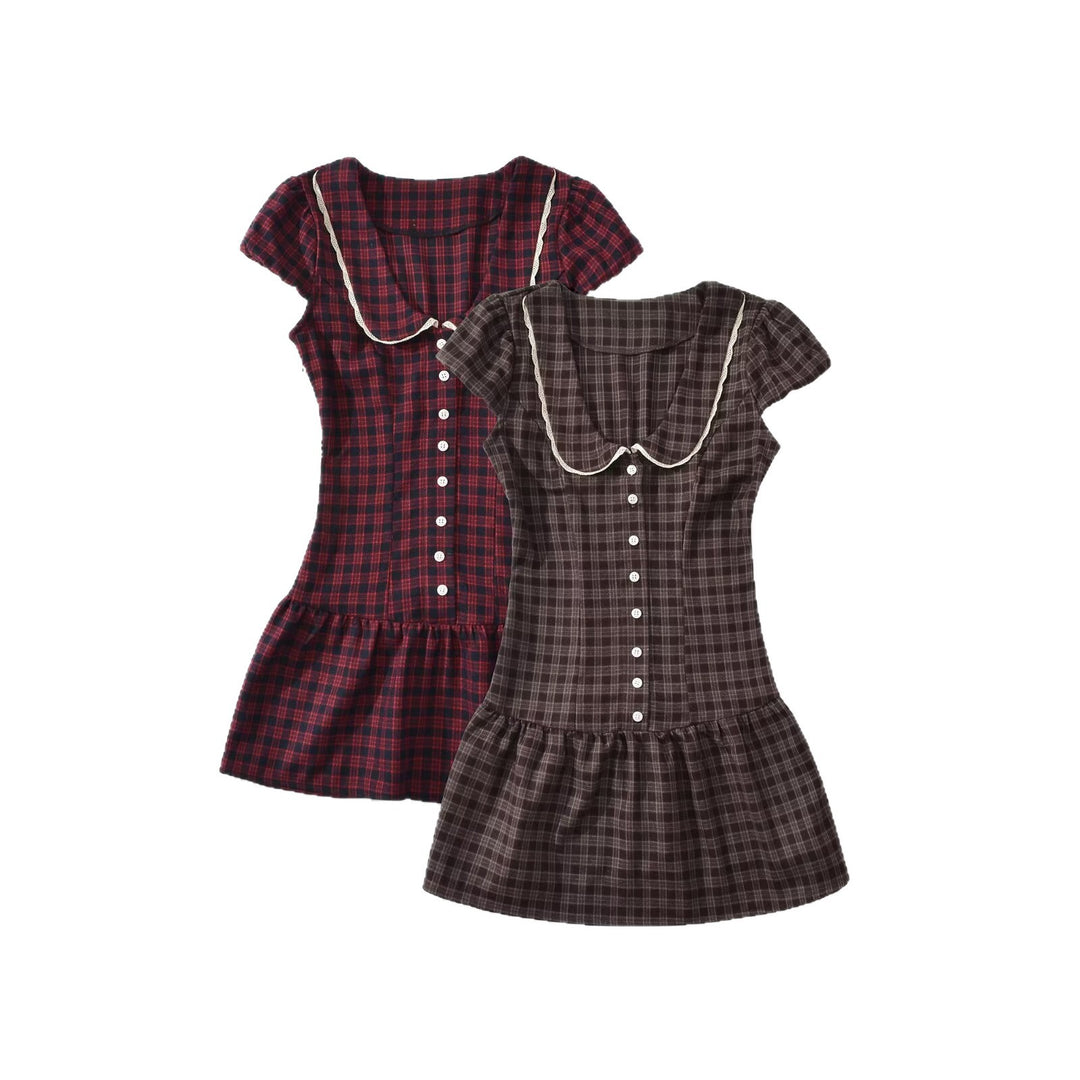 Damen Kariertes A-Linien-Minikleid mit kontrastierendem Bubikragen und Knopfleiste Drune