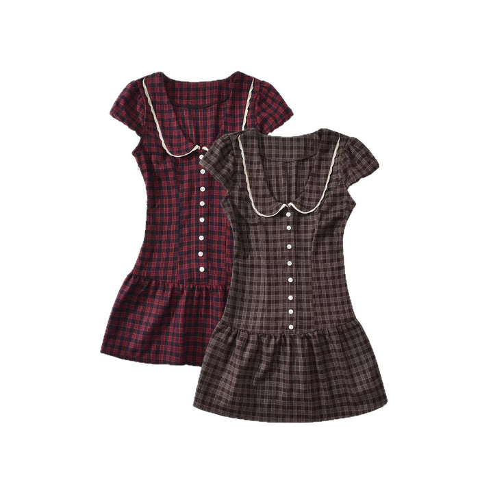Damen Kariertes A-Linien-Minikleid mit kontrastierendem Bubikragen und Knopfleiste Drune