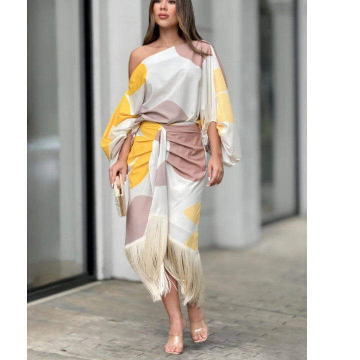 Damen nan asymmetrisches drapiertes Midikleid mit einseitiger Schulterpartie, voluminösem Ärmelschnitt und Fransen-Saum Drune