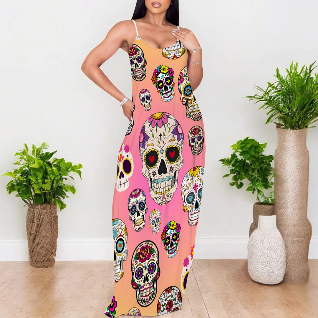 Damen Maxikleid mit künstlerischem Halloween-Motiv und umwerfendem Rosenprint Drune