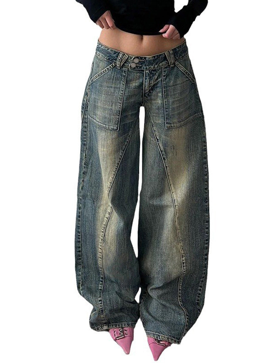 Damen nan weite Low-Rise Baggy-Jeans mit markanten V‑Nahtpaneelen und aufgesetzten Fronttaschen Drune