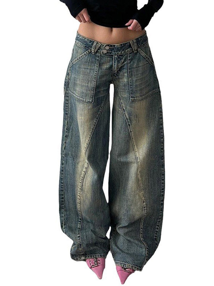Damen nan weite Low-Rise Baggy-Jeans mit markanten V‑Nahtpaneelen und aufgesetzten Fronttaschen Drune
