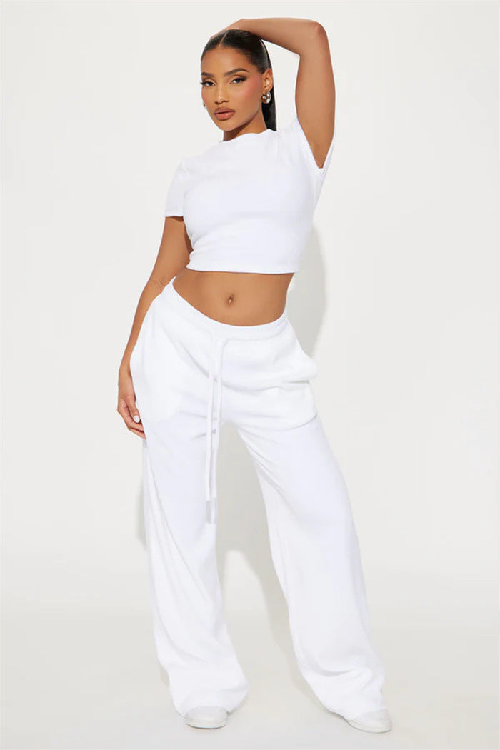 Damen Velours-Hausanzug mit bauchfreiem Shirt und weit geschnittener taillenhoher Jogginghose Drune