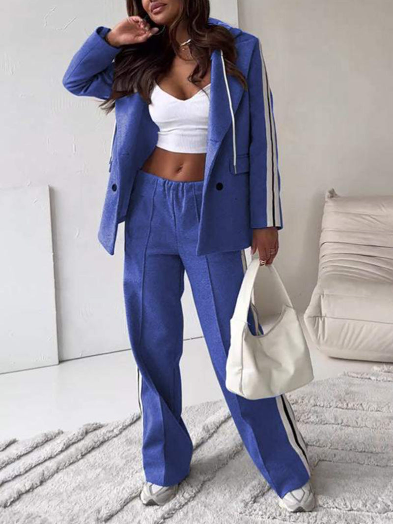Damen nan sportlich-elegantes Blazer-Zweiteiler mit Kapuzenblazer und weiter Trainingshose mit seitlichem Streifen Drune