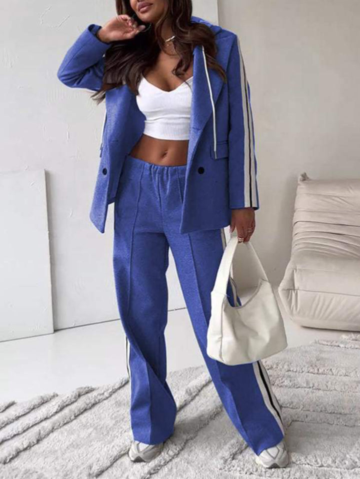 Damen nan sportlich-elegantes Blazer-Zweiteiler mit Kapuzenblazer und weiter Trainingshose mit seitlichem Streifen Drune
