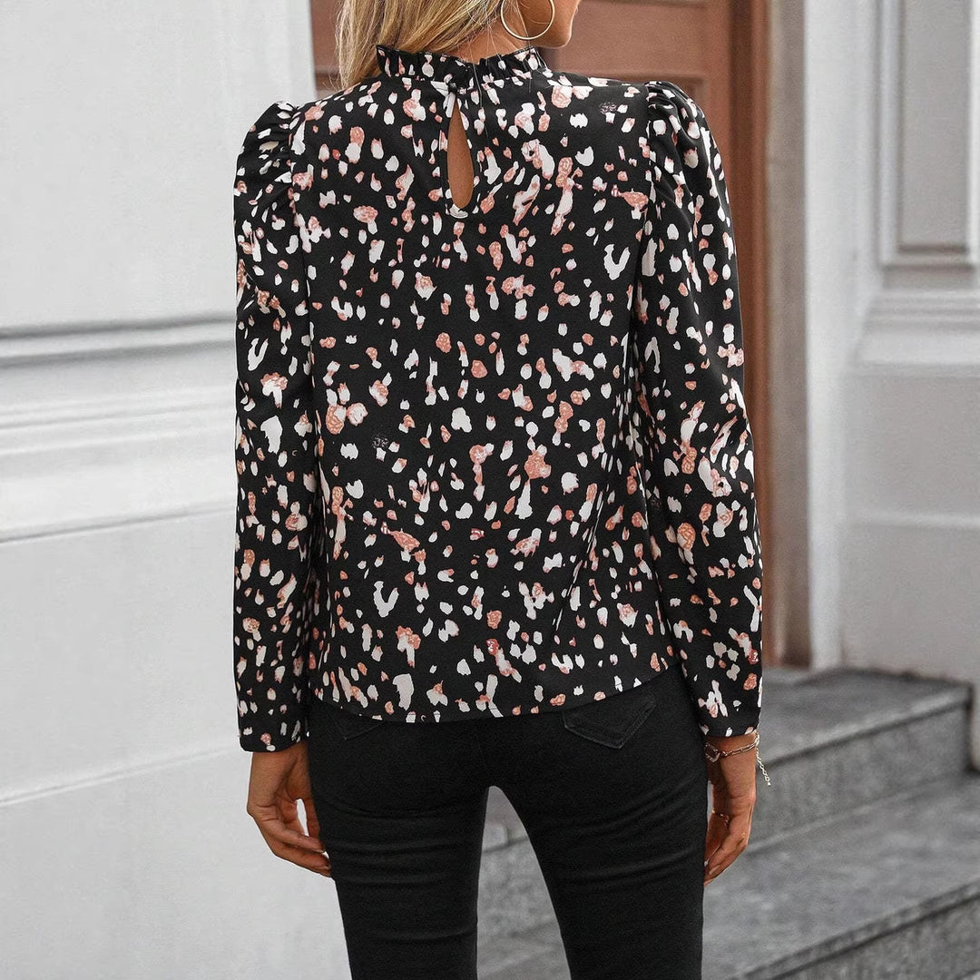 Damen Bluse mit Rüschenkragen, Puffärmeln und Animal‑Print Drune