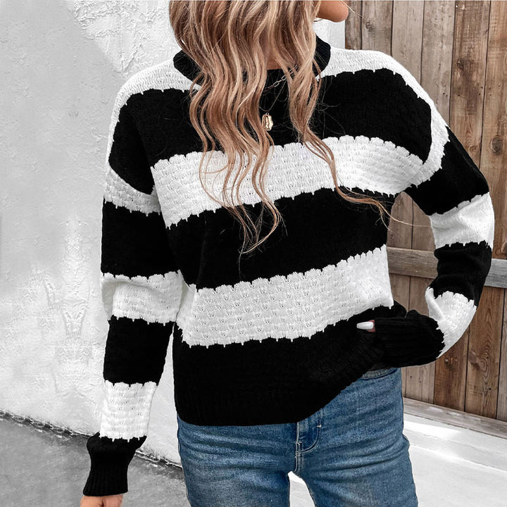 Damen Oversize-Fisherman-Strickpullover mit Blockstreifen, Ajourstruktur und gerippten Bündchen Drune