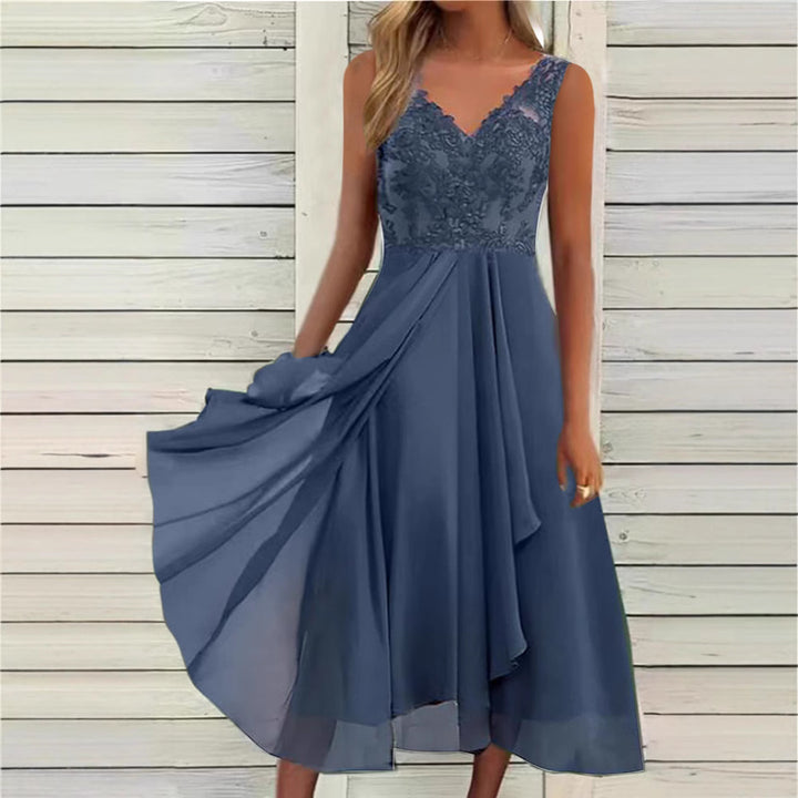 Damen nan elegantes Abend-Midikleid mit bestickter Spitzen-Büste, taillierter Drapierung und fließendem Lagenrock Drune