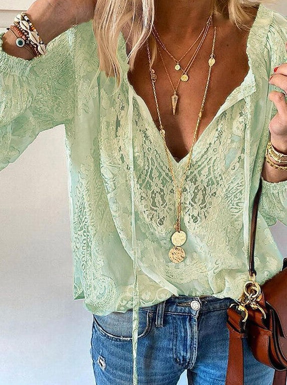 Damen elegante Bluse mit feiner Spitze und tiefem V-Ausschnitt Drune