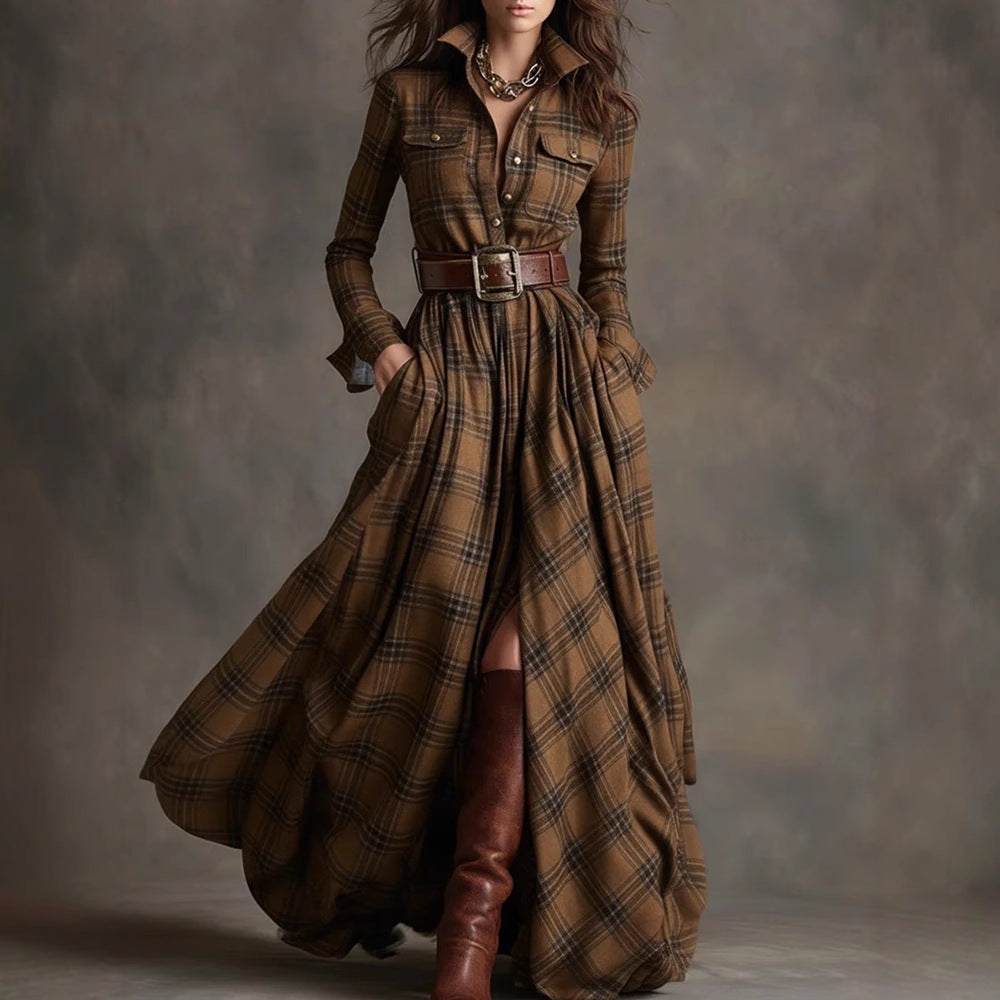 Damen Karierte Maxikleid mit Hemdbluse-Oberteil, Taillierter Bund und Eingrifftaschen Drune