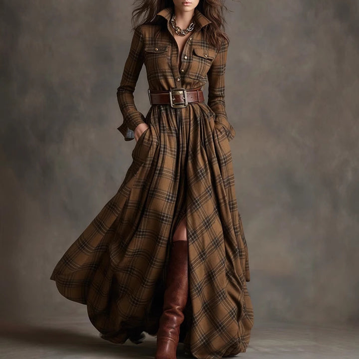 Damen Karierte Maxikleid mit Hemdbluse-Oberteil, Taillierter Bund und Eingrifftaschen Drune
