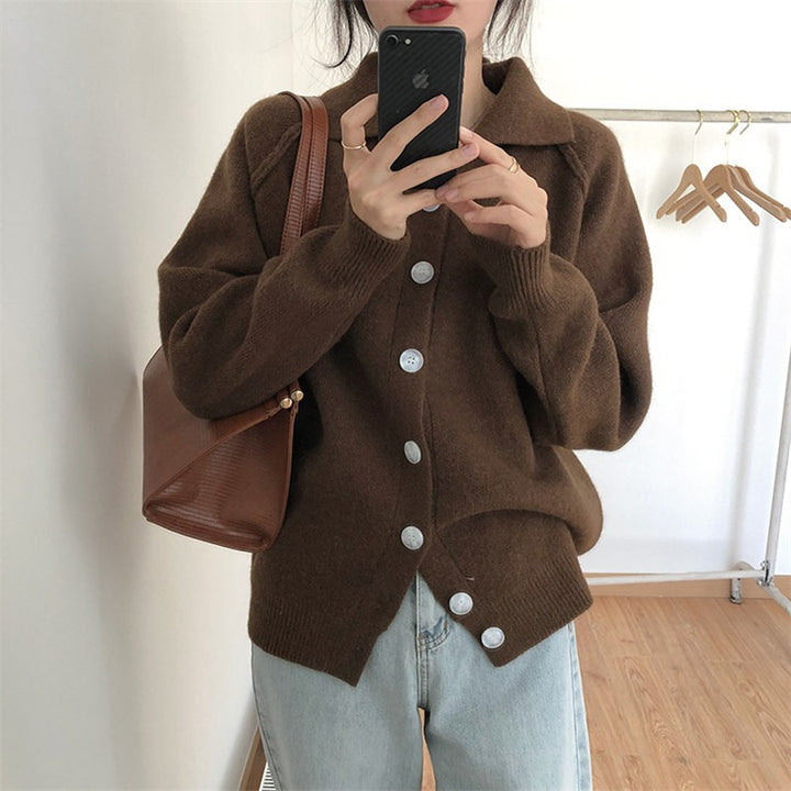 Damen bequemer Strickcardigan mit klassischem Kragen und Knopfverschluss Drune