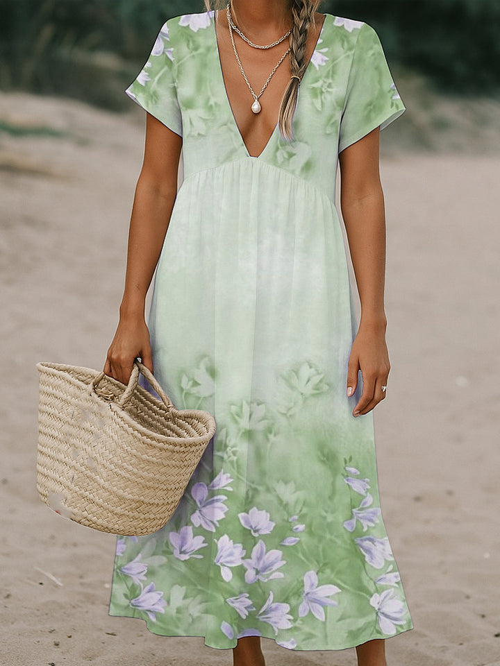 Damen Fließendes Maxi-Kleid mit tiefem V-Ausschnitt und floralem Muster Drune