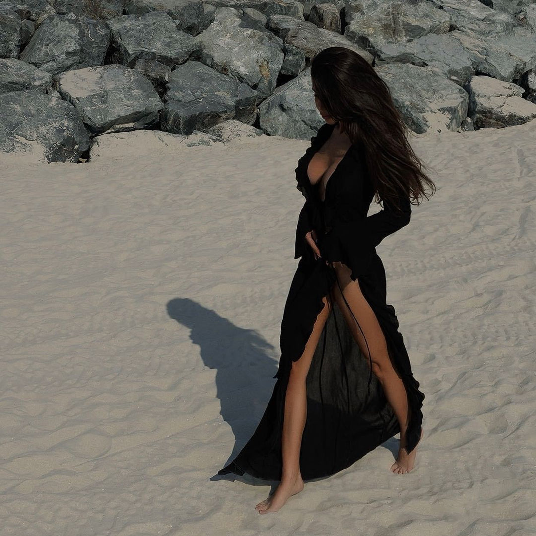 Damen Elegantes Strandkleid mit Rüschendetails und tiefem V-Ausschnitt Drune