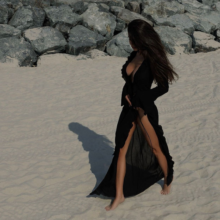 Damen Elegantes Strandkleid mit Rüschendetails und tiefem V-Ausschnitt Drune